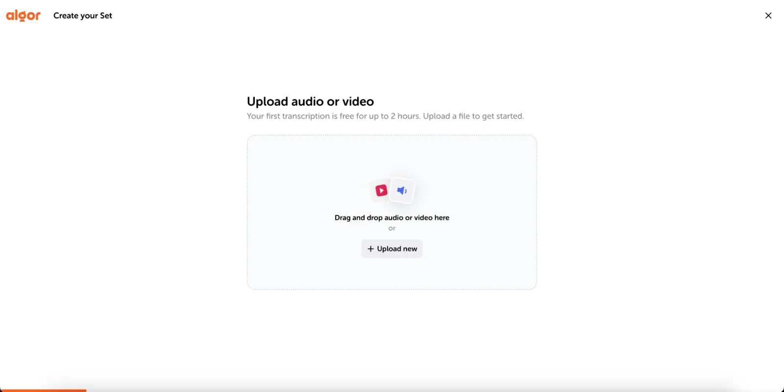 The transcription flow starts here: drag an audio or video file into the area, or press "Upload new".