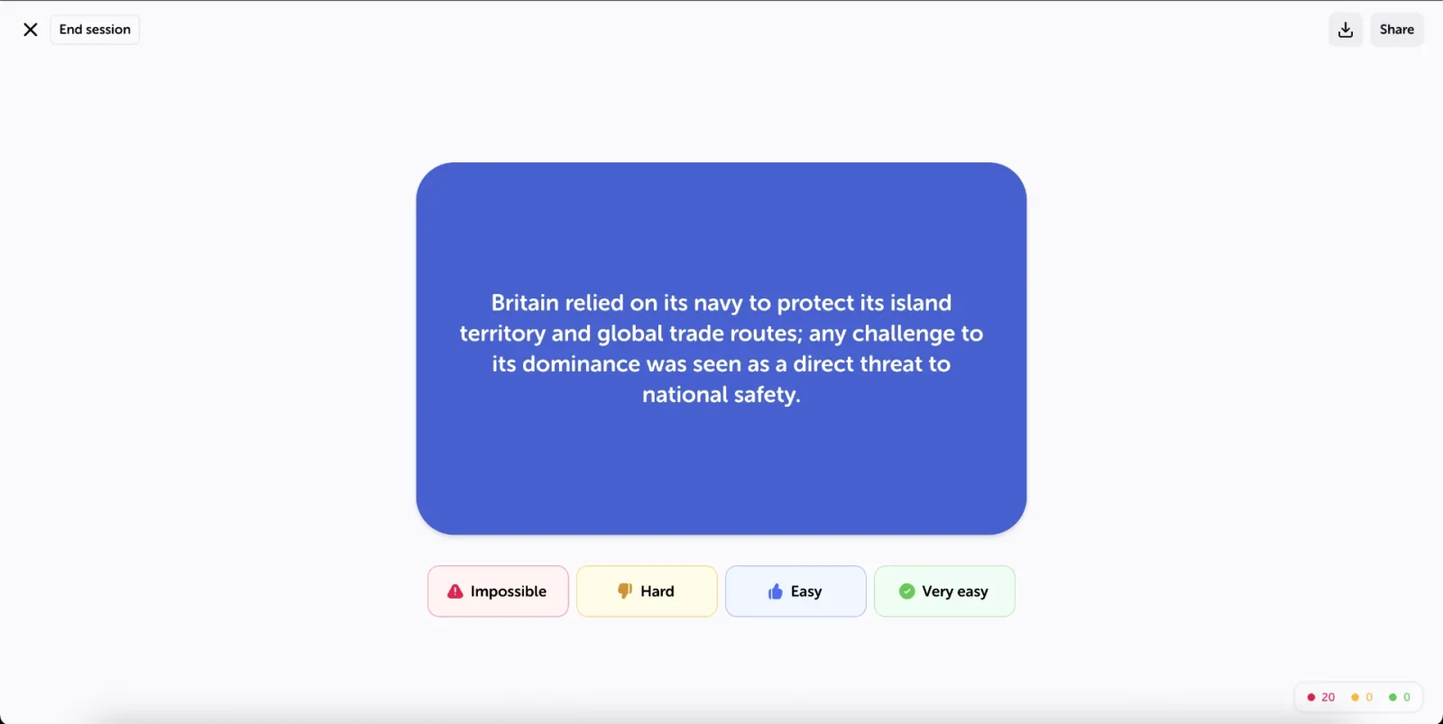 A flashcard flipped to show the answer, with the four buttons Impossible / Hard / Easy / Very easy.
