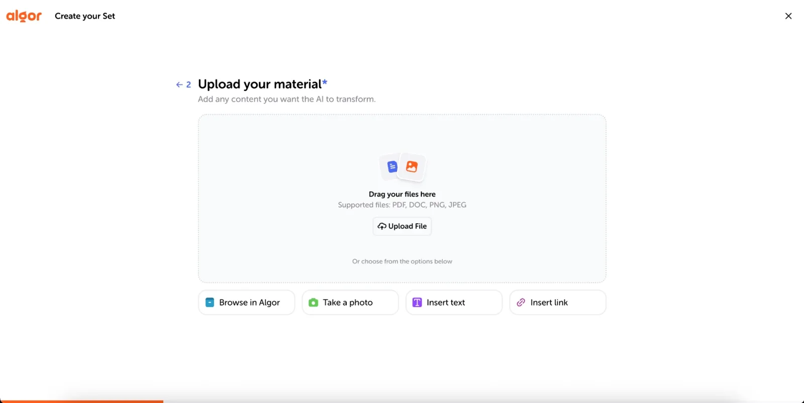 The "Upload your material" step, showing the upload options (file, photo, link, text, Browse in Algor).