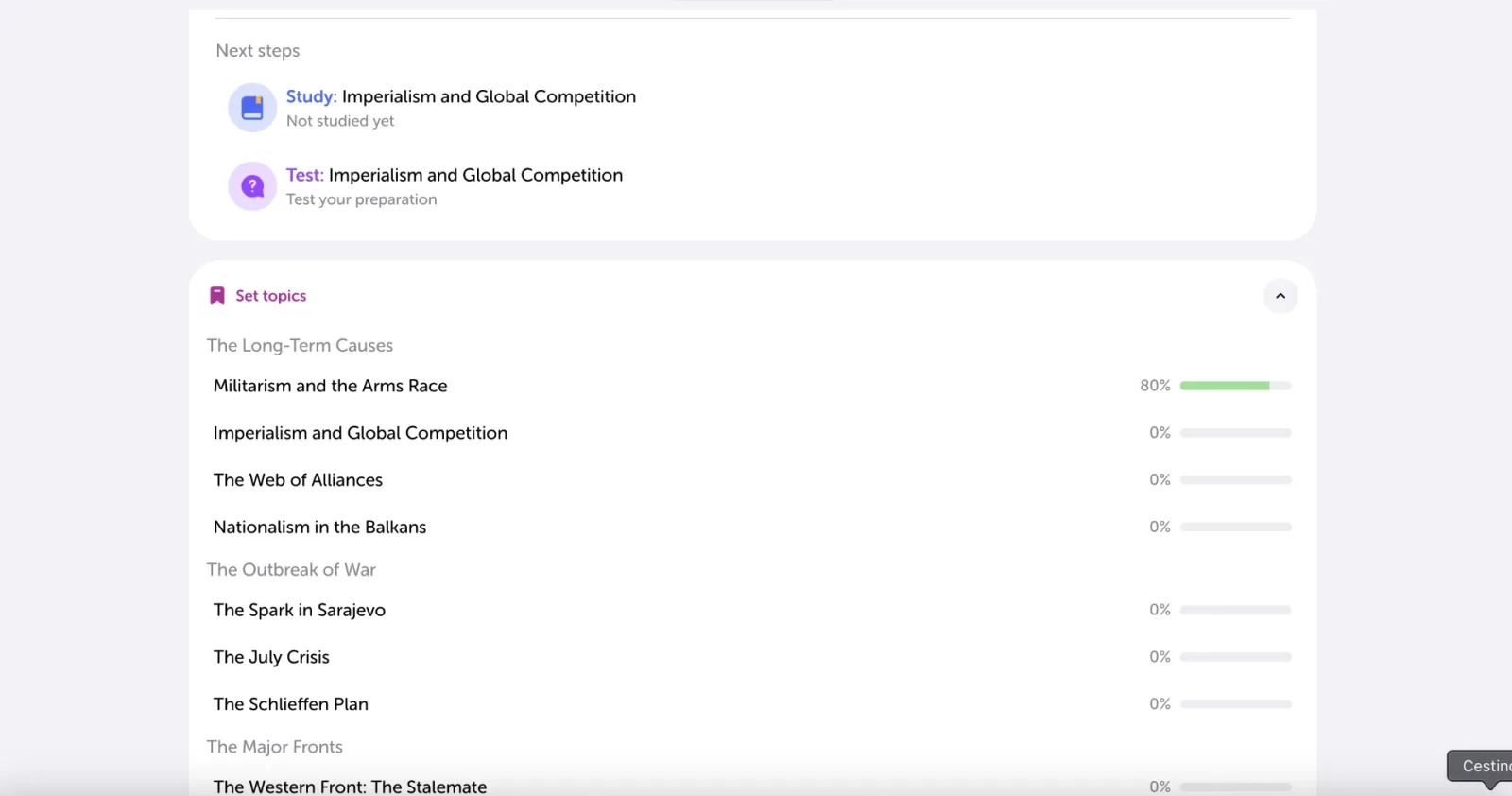 Next steps suggests what to study and what to test next, and Set topics lists every page grouped by section with its own progress bar.