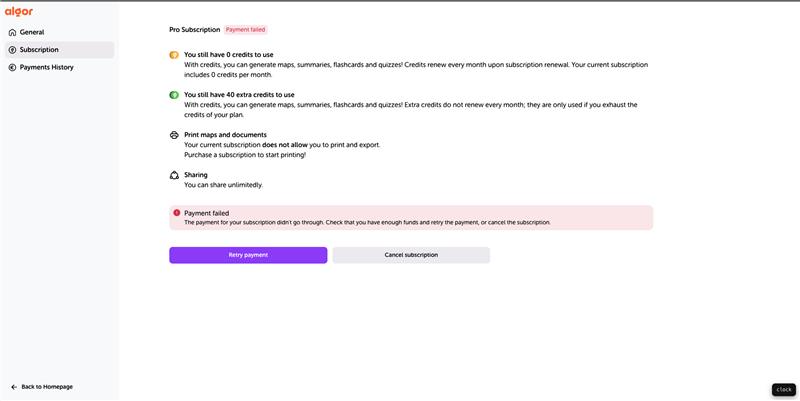 The Subscription page with the payment failed message and the Retry payment and Cancel subscription buttons.