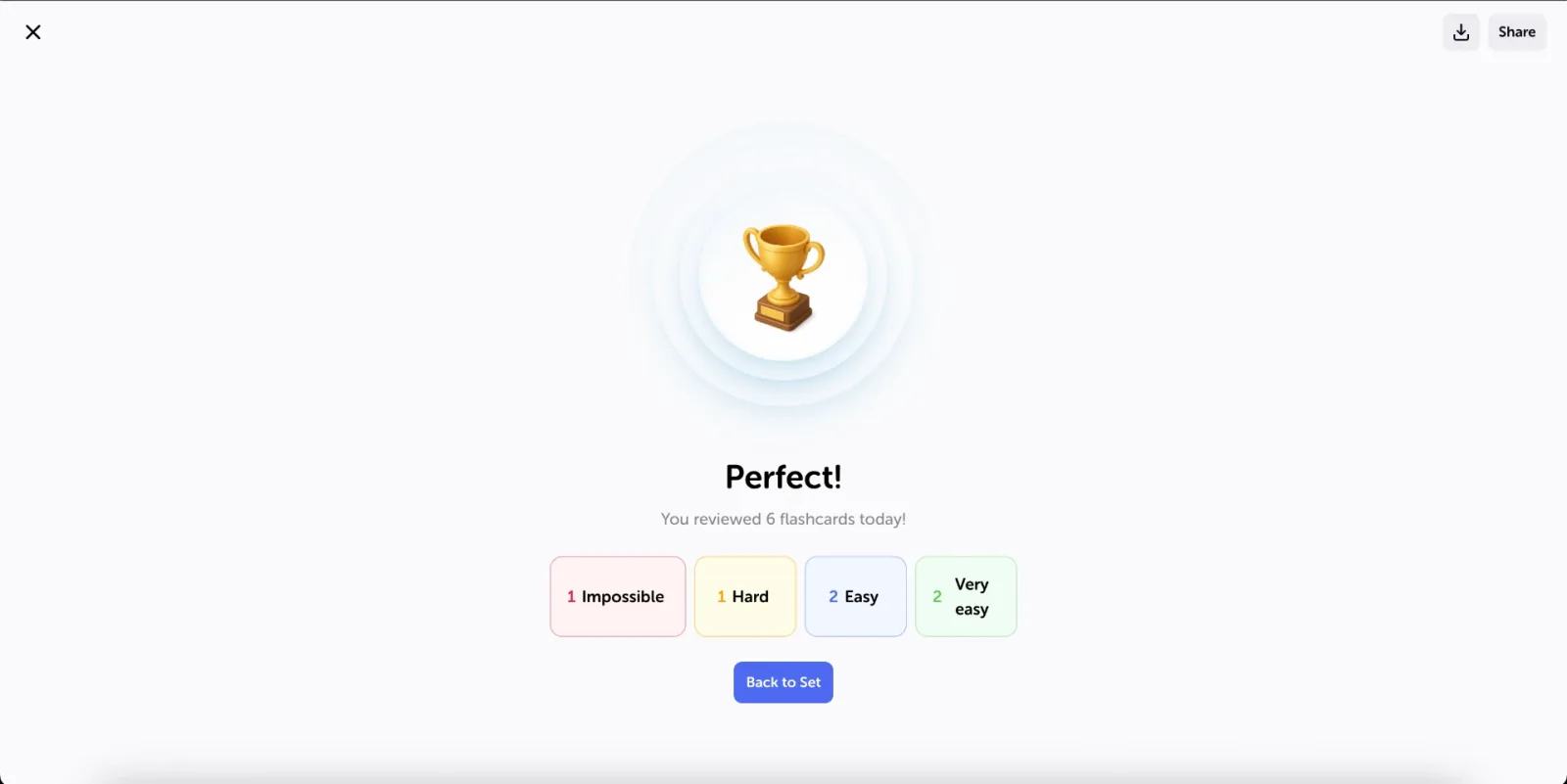 The "Perfect!" end screen with the number of flashcards reviewed and the breakdown by rating.