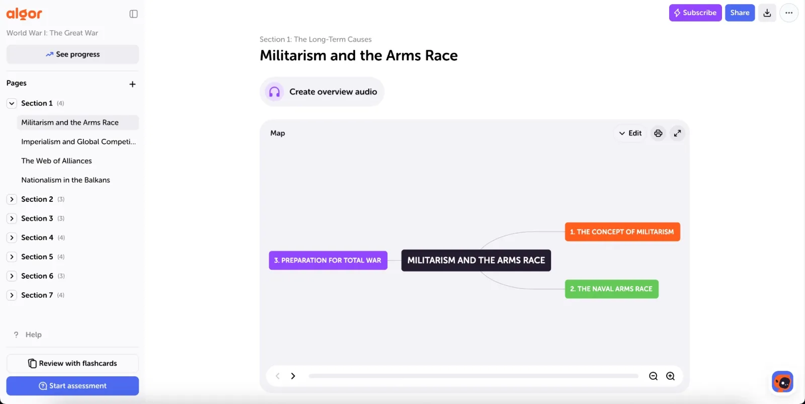 A Set as it looks right after it is created: sections and pages on the left, the page content in the center with its map, and "See progress", "Review with flashcards" and "Start assessment" always at hand.