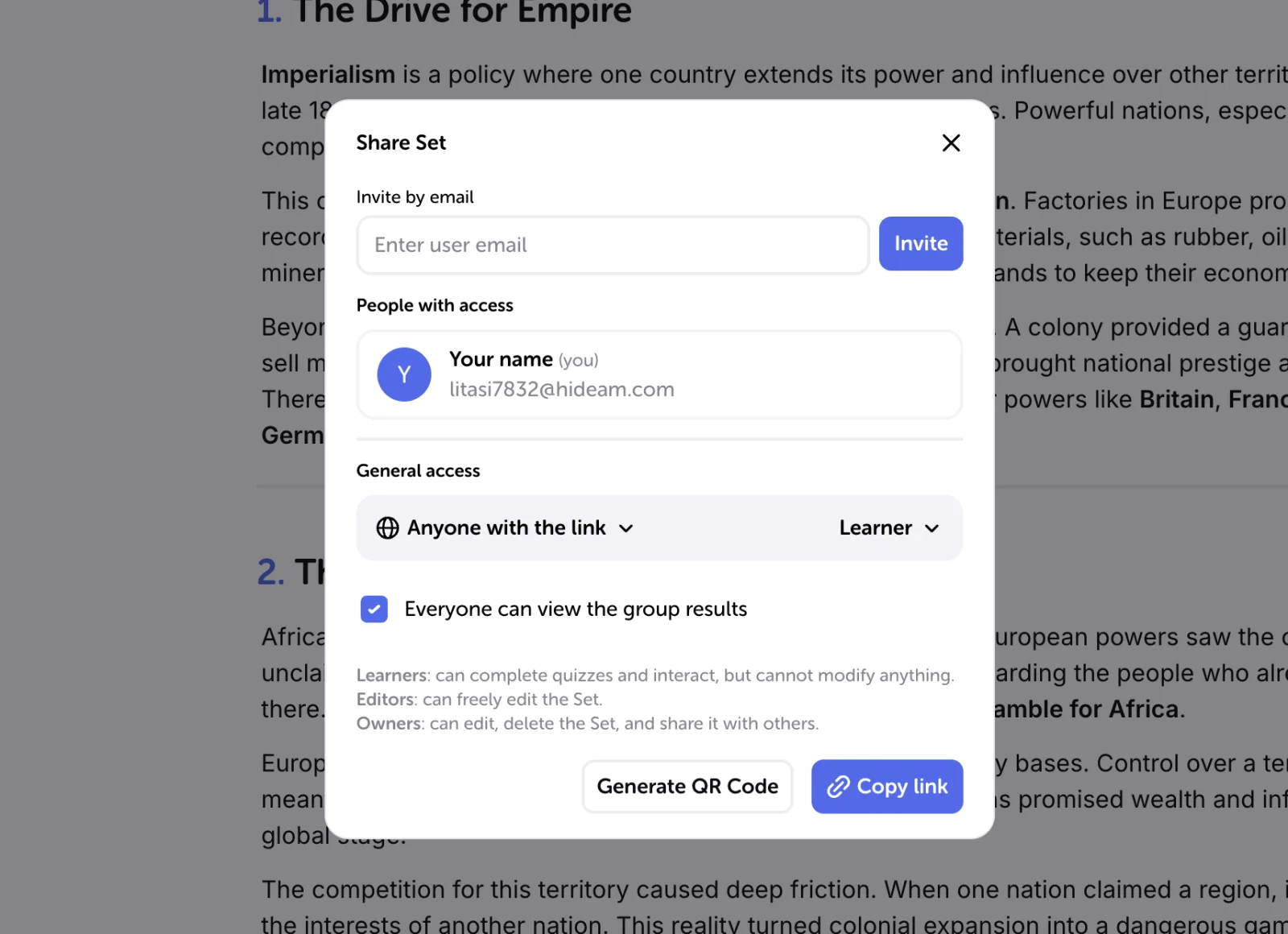 Der Dialog Set teilen: Einladung per E-Mail, Personen mit Zugriff, allgemeiner Zugriff mit Rollenauswahl, Option zu den Gruppenergebnissen, QR-Code erzeugen und Link kopieren.
