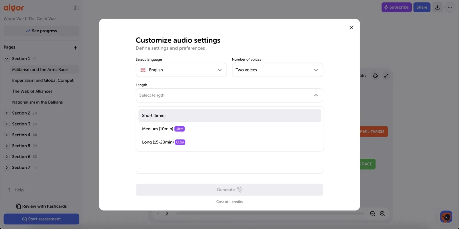 The audio settings before generating a podcast: language, number of voices and length.