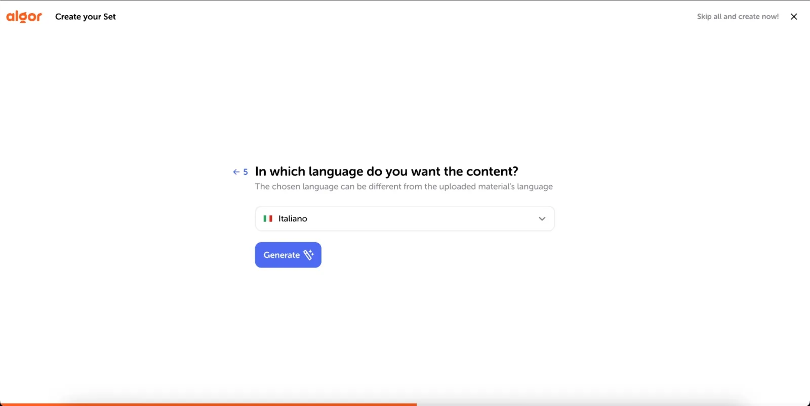 The last step, "In which language do you want the content?", with the language list and the Generate button.