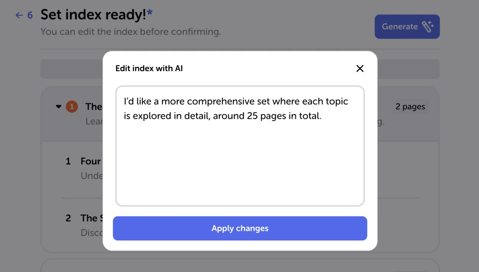 The "Edit index with AI" window: describe the change you want and press Apply changes.