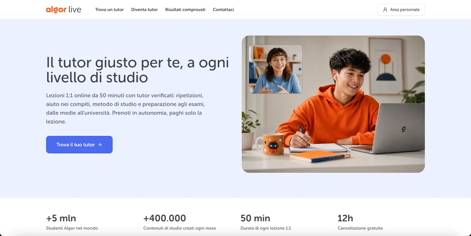 La home di Algor Live, con il pulsante per trovare il tuo tutor.