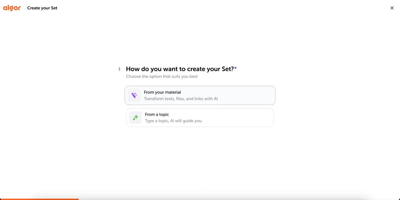 The "How do you want to create your Set?" step with the two source options, material and topic.