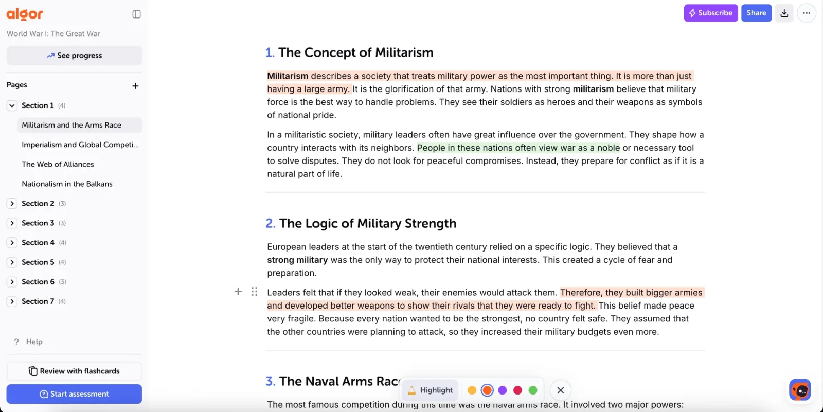 Selecting text opens the bar with Highlight and a choice of colours, so you can mark the passages that matter.