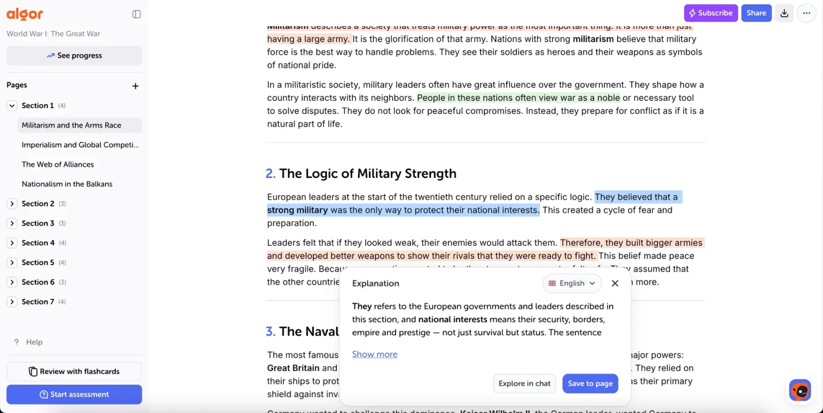 Explain rewrites the selected passage in plain words, in the language you choose, and you can send it to the chat or save it to the page.