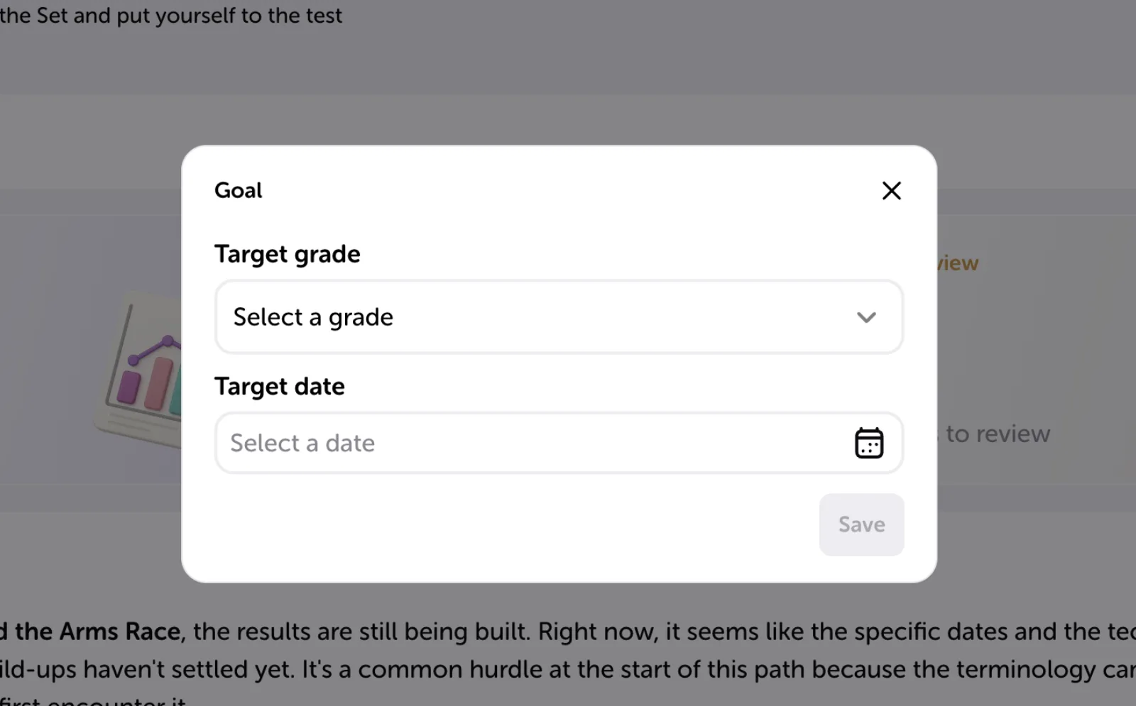 The goal setting dialog with the target grade and target date fields.