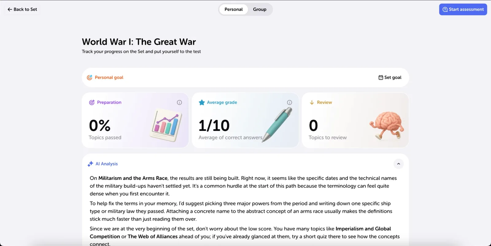 The progress page of a Set, with the Personal and Group tabs, your goal, the cards for topics passed, average grade and topics to review, and the AI analysis below.