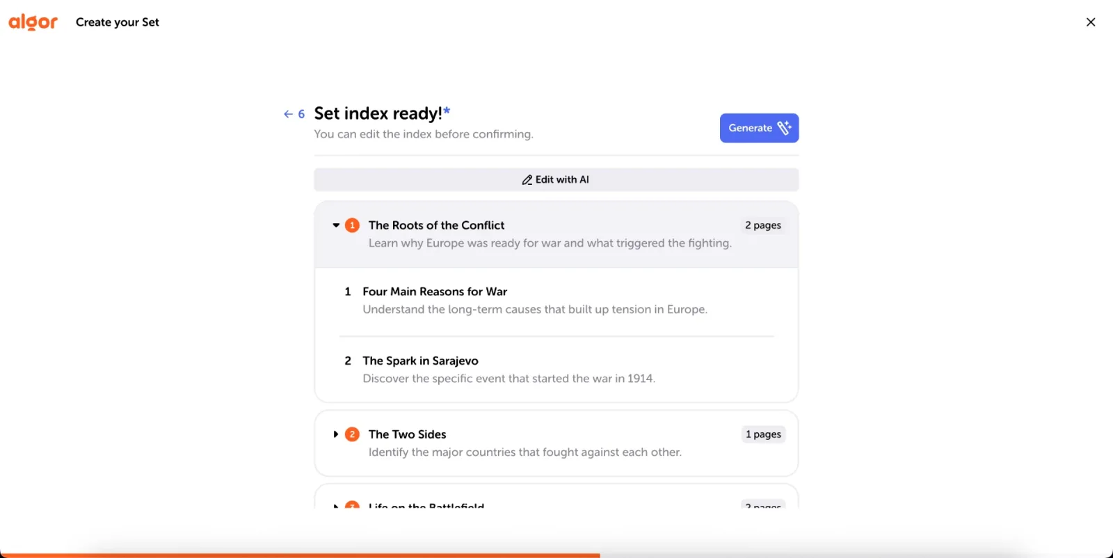 The "Set index ready!" screen with the proposed index and the "Edit with AI" button.