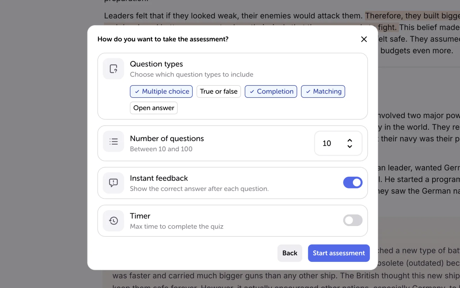 The second step of the same window: question types to include, number of questions between 10 and 100, Instant feedback and Timer, then Start assessment.