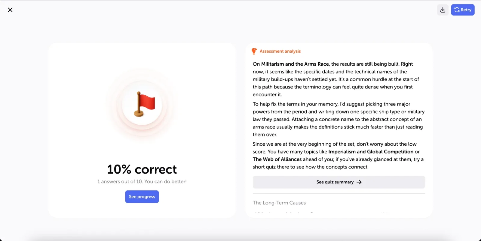 The results screen with your score and, next to it, an analysis that says what went wrong, suggests how to fix it and points to the topics to try next.