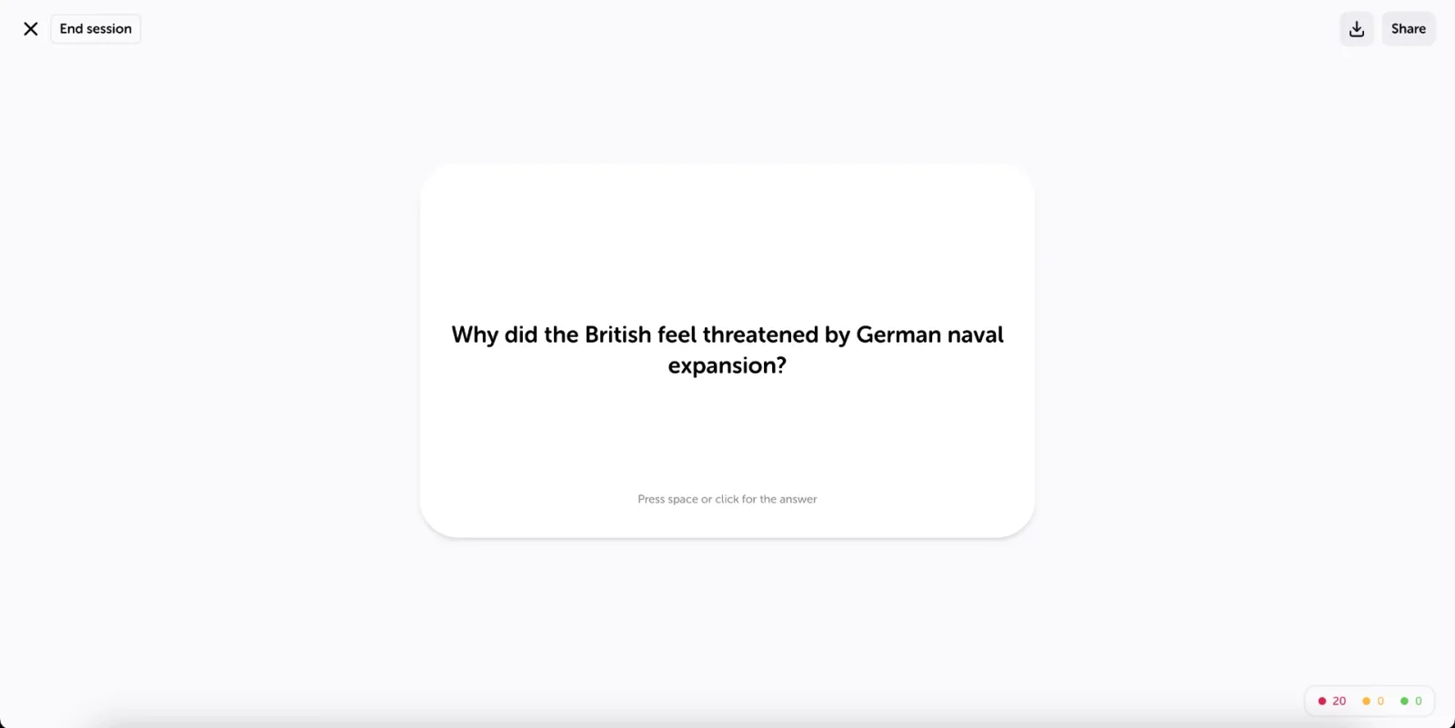 The front of a flashcard during a session: only the question, and a click or the space bar shows the answer.