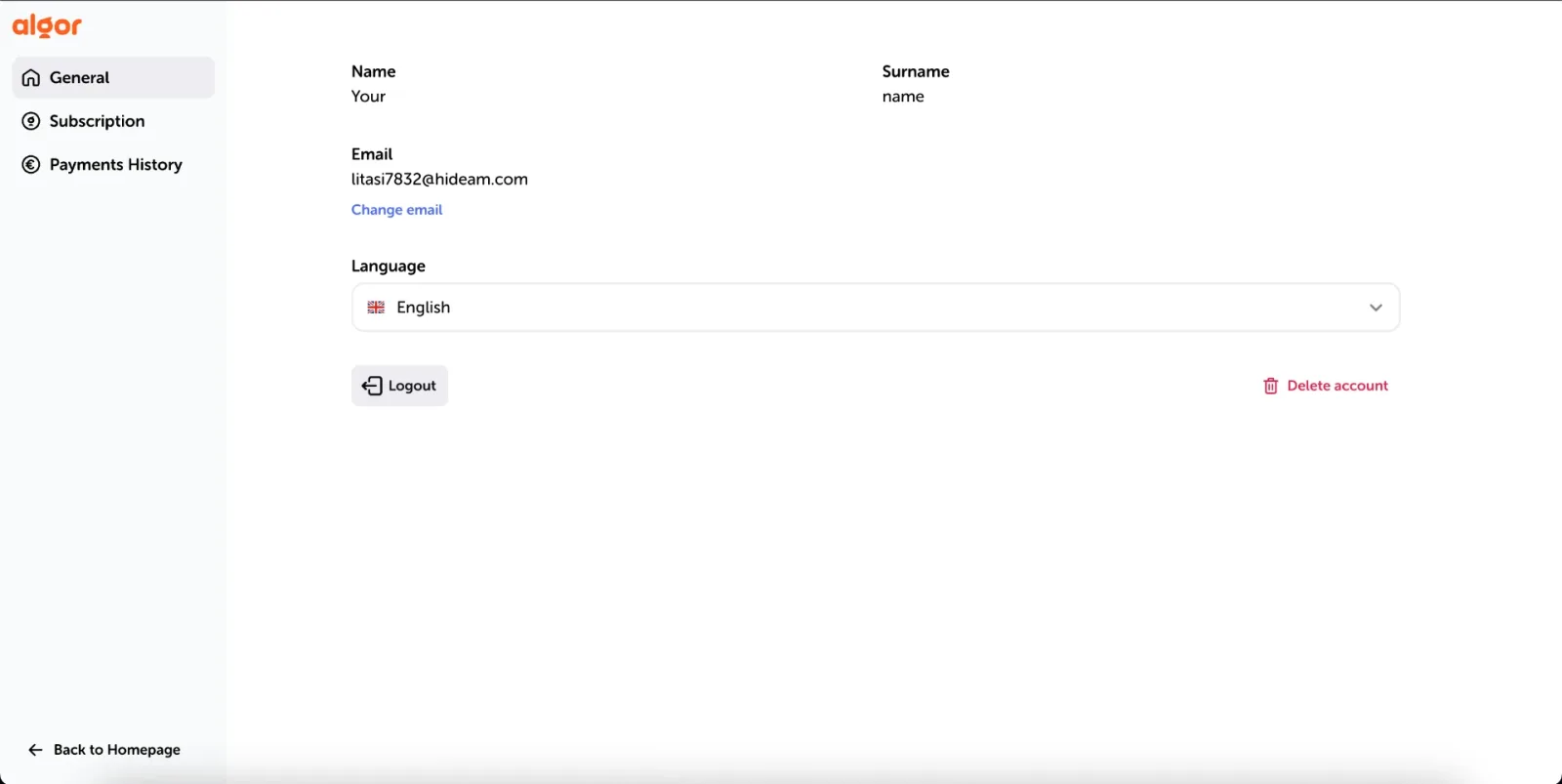The account settings page with the General, Subscription and Payments History tabs, the language selector, and the Logout and Delete account actions.