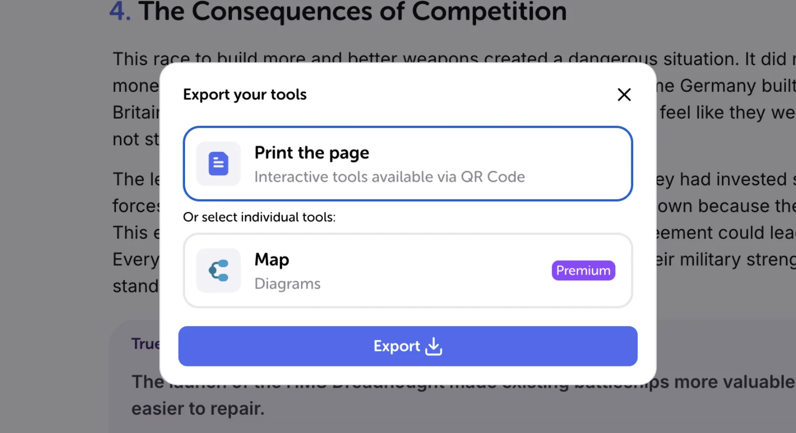 Export your tools: you can print the whole page, with the interactive tools reachable through a QR Code, or pick a single tool such as the map, then press Export.