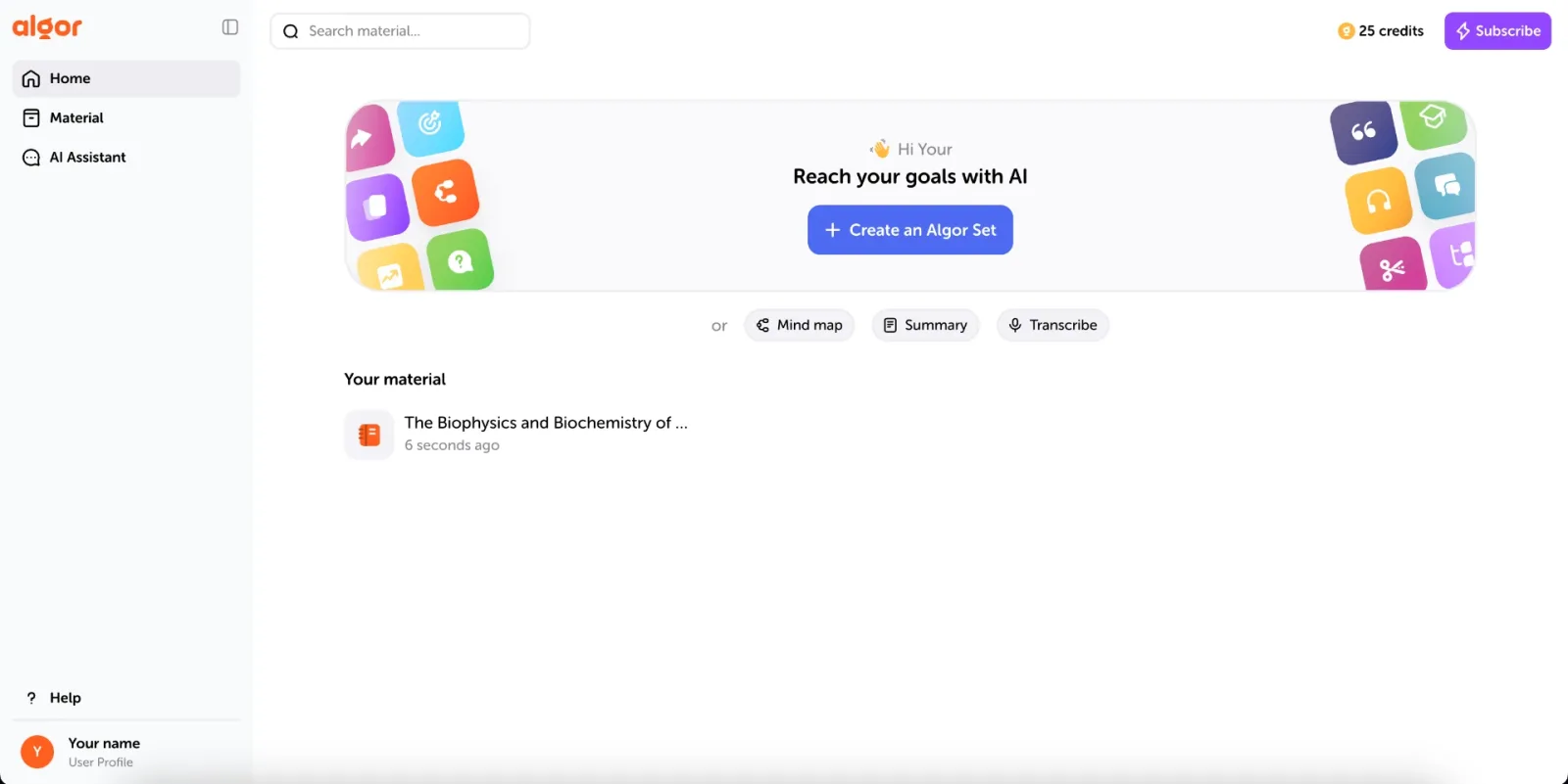 The Home, where everything starts: the "Create an Algor Set" button in the middle, and just below the single contents you can create instead (Mind map, Summary, Transcribe).