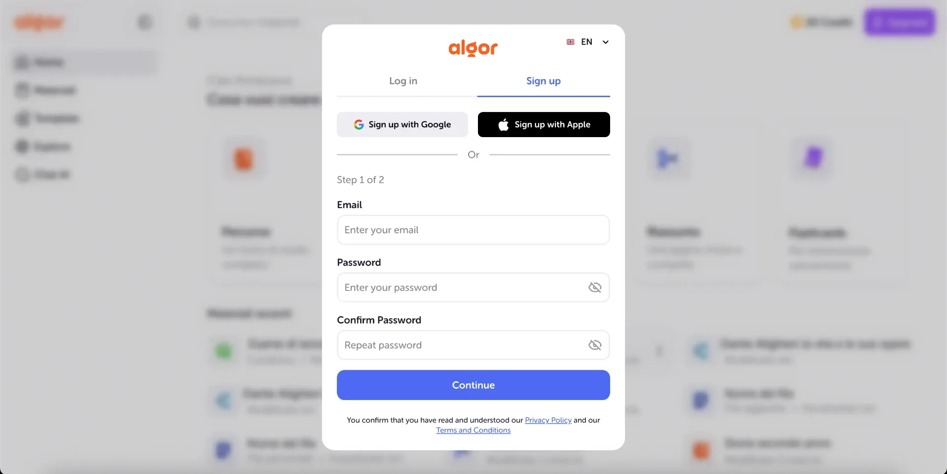 Das Registrierungsfenster von Algor mit den Tabs Anmelden und Registrieren, den Schaltflächen für Google und Apple sowie den Feldern für E-Mail und Passwort in Schritt 1 von 2.
