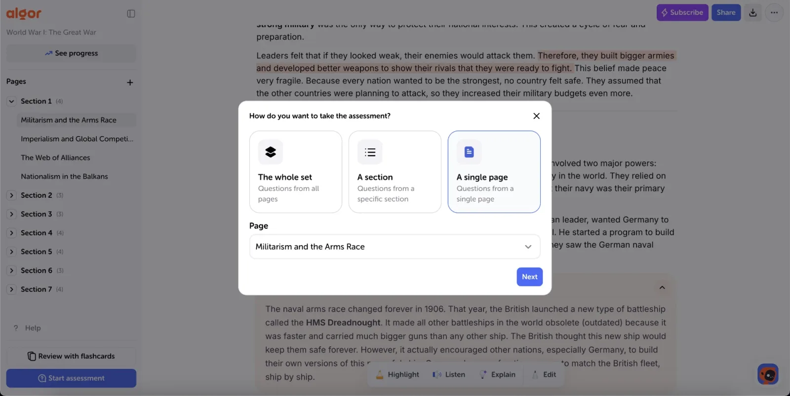 The flashcard setup dialog with the three scope options (The whole set, A section, A single page) and the "Start review" button.