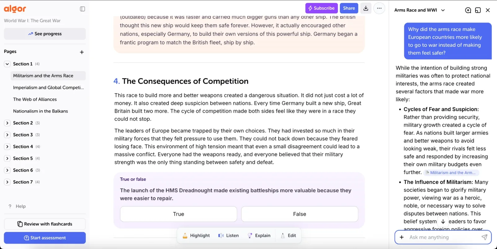 The chat open beside the Set: a question about the text, the answer, and the link back to the page it comes from.