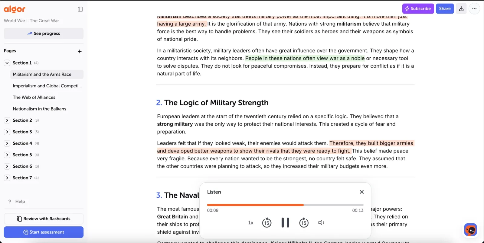 Listen reads the selected text aloud, with play and pause, skip back and forward, and a speed control.