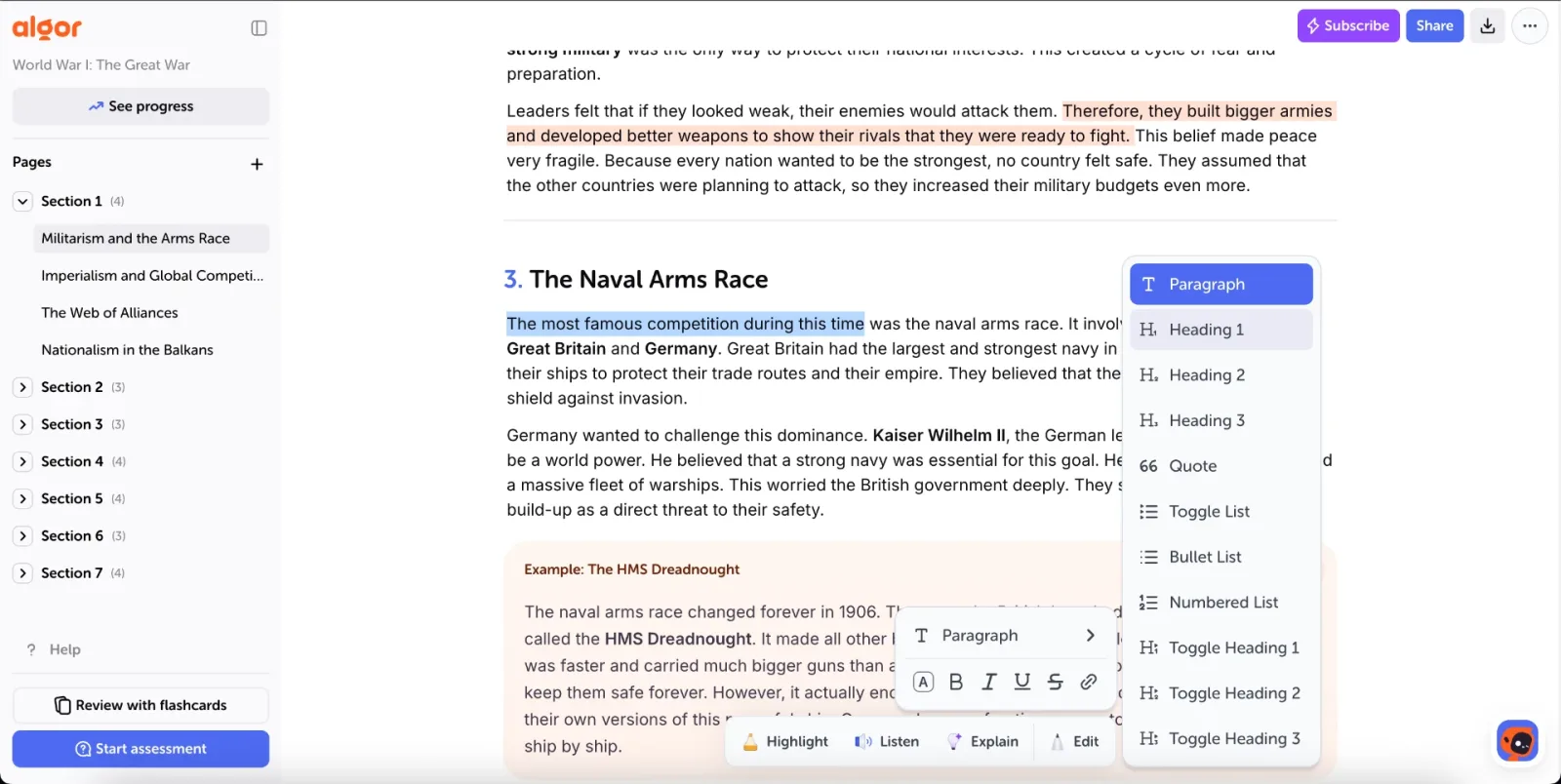 Edit turns the text into something you can change: bold, italic, underline, links and a menu to switch between paragraph, headings, quote and lists.