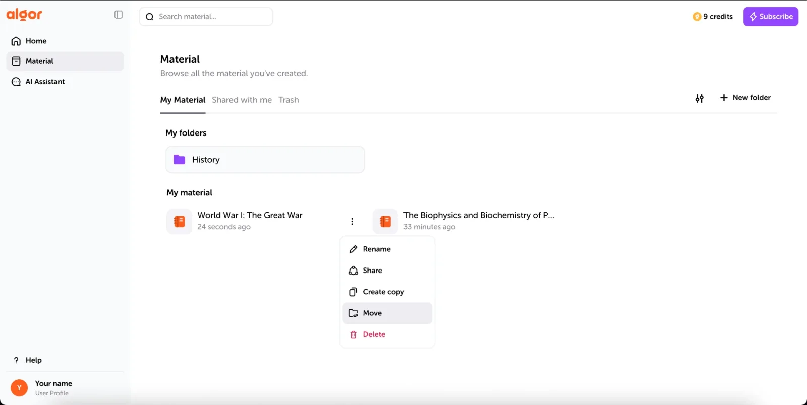The Material page with the My Material, Shared with me and Trash tabs, your folders, and the menu of a Set with Rename, Share, Create copy, Move and Delete.
