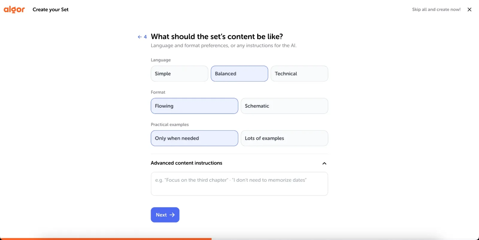 The "What should the set's content be like?" step with Language, Format, Practical examples and the Advanced content instructions field.