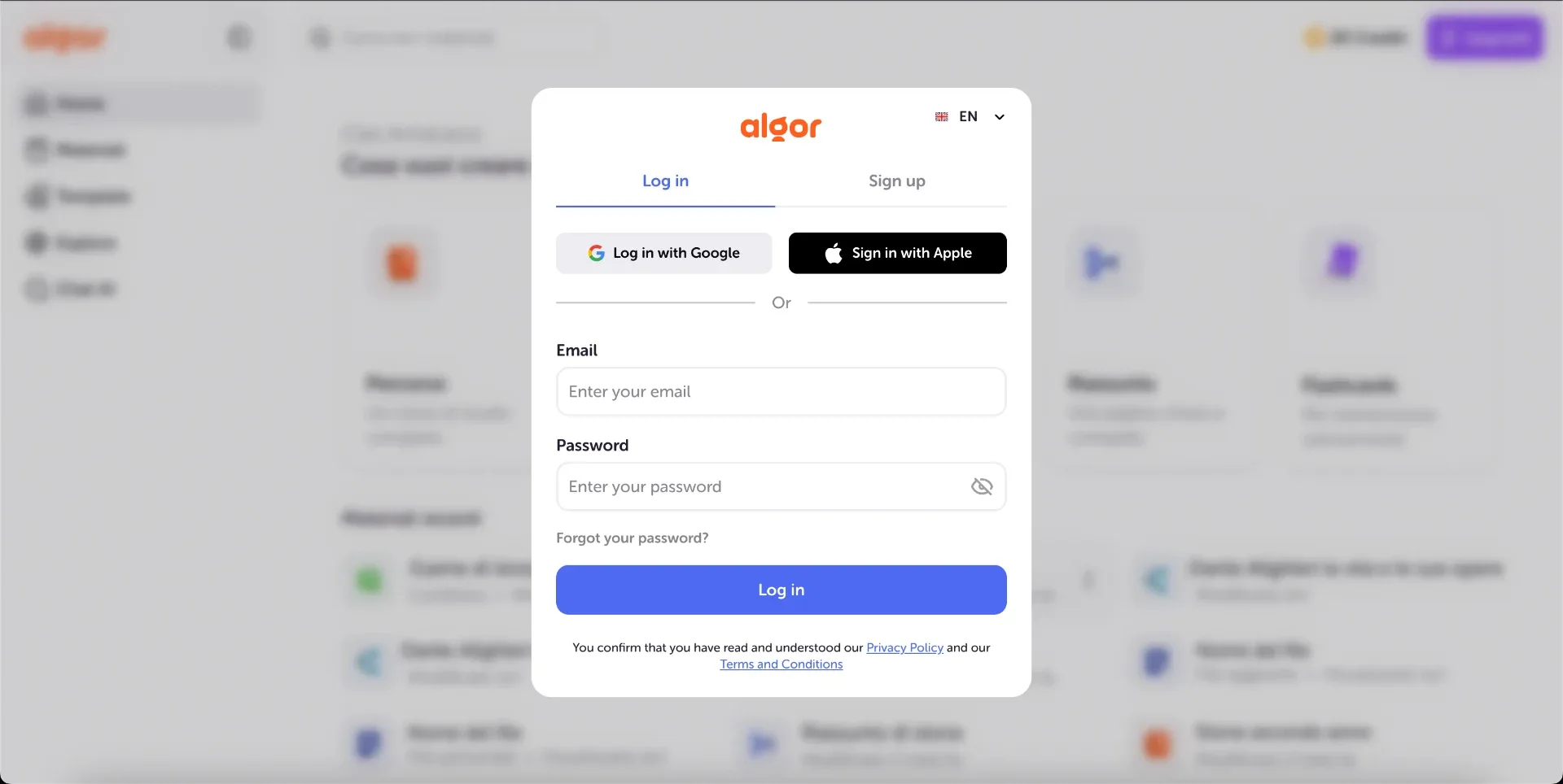 Das Anmeldefenster von Algor mit den Tabs Anmelden und Registrieren, den Schaltflächen für Google und Apple, den Feldern für E-Mail und Passwort sowie dem Link "Passwort vergessen?".