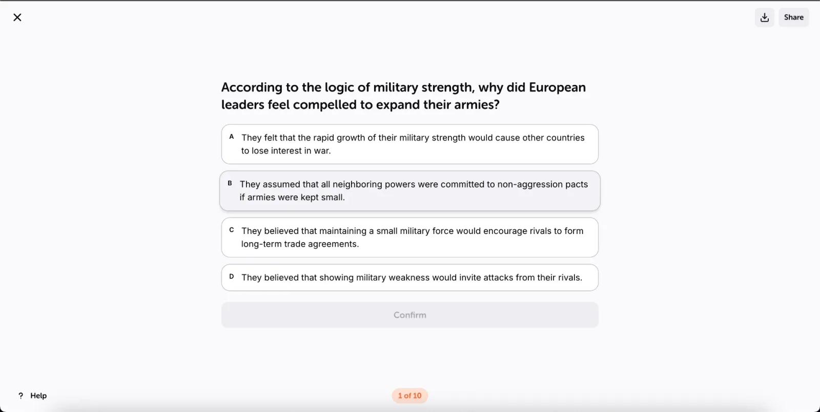 A multiple choice question during the assessment: you pick one answer and press Confirm, with the counter at the bottom showing how far you are.