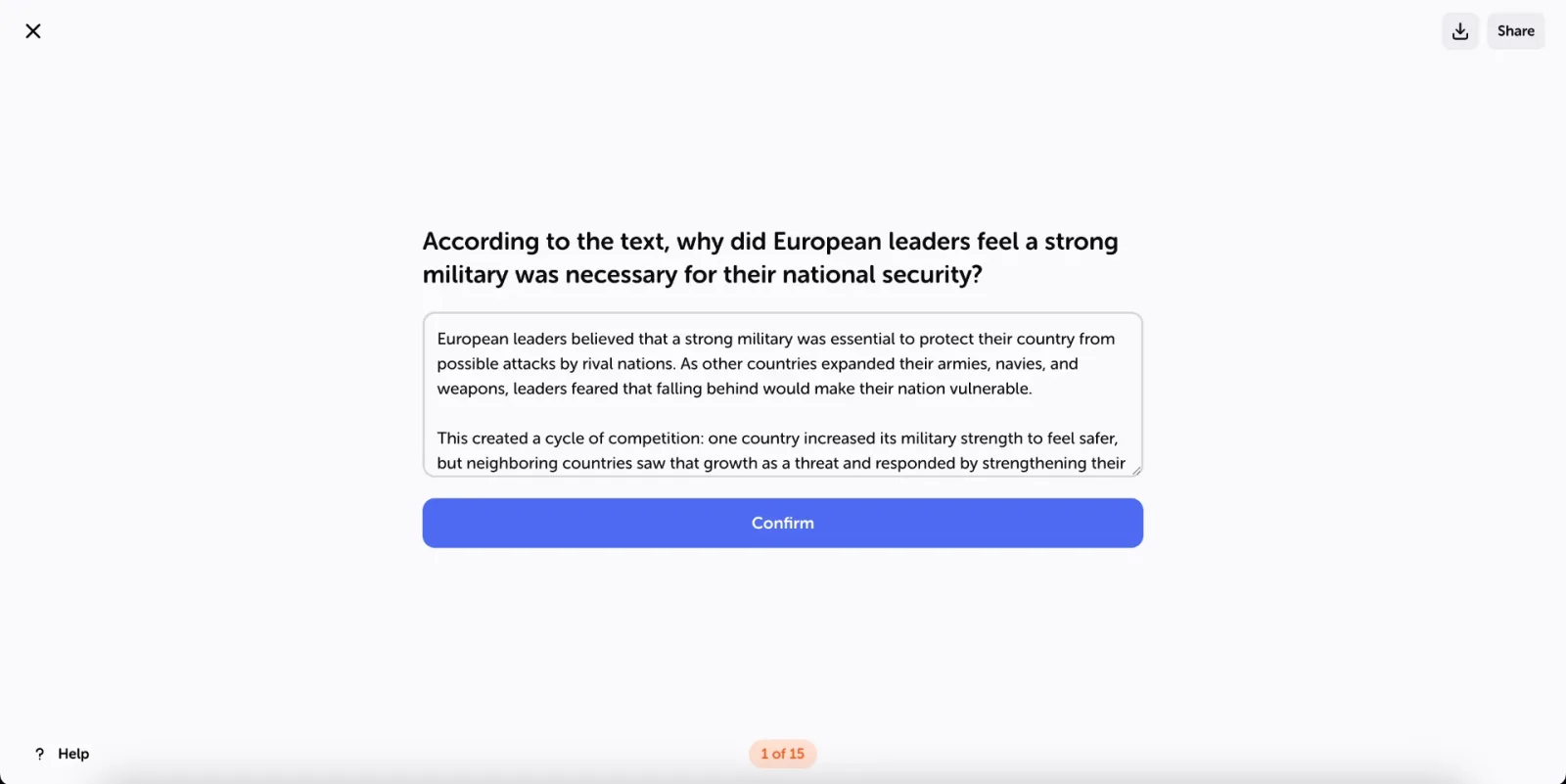 An open-answer question: you write your answer in the text box, press Confirm, and the counter at the bottom shows how far you are (1 of 15).