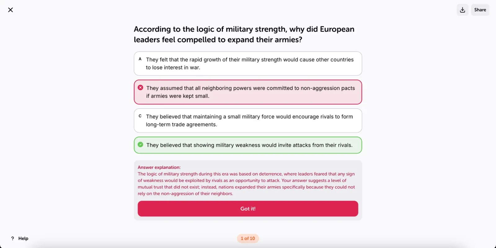 With instant feedback on, a wrong answer is marked in red, the correct one in green, and a short explanation says why.