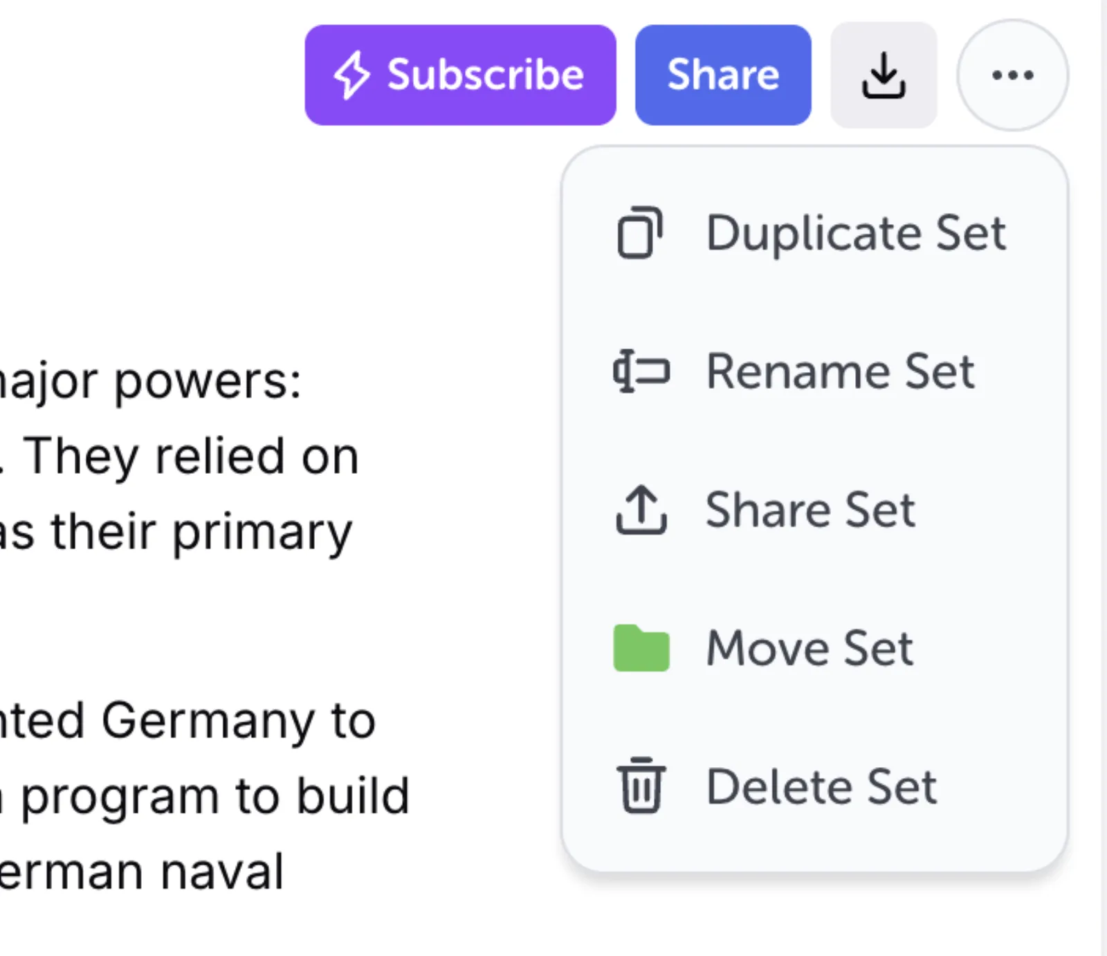 The options menu at the top of a Set, with Duplicate Set, Rename Set, Share Set, Move Set and Delete Set, next to the Share and download buttons.