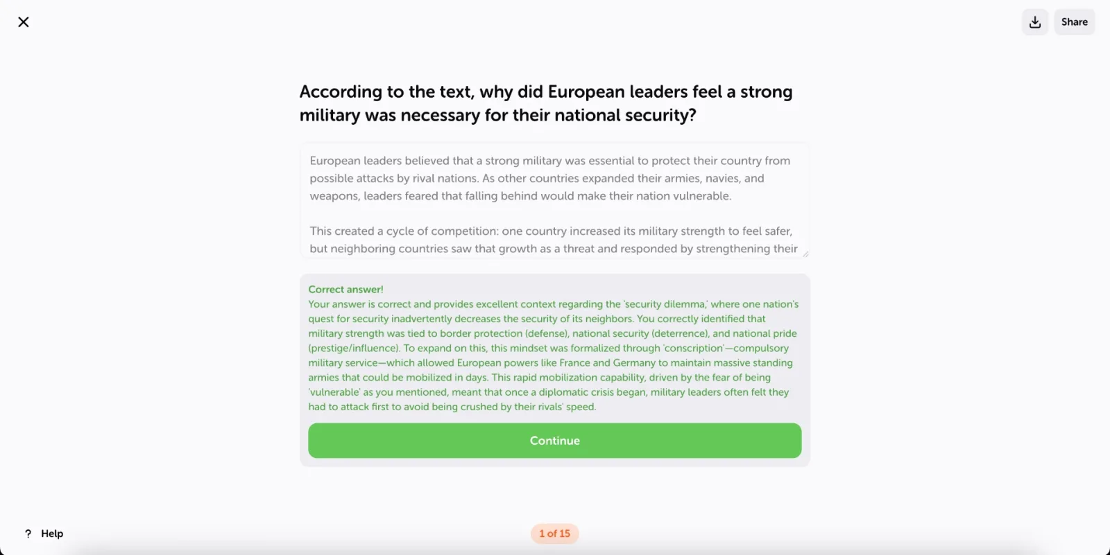 The feedback on an open answer: a green "Correct answer!" box explains what you got right and adds extra context, then Continue moves on.