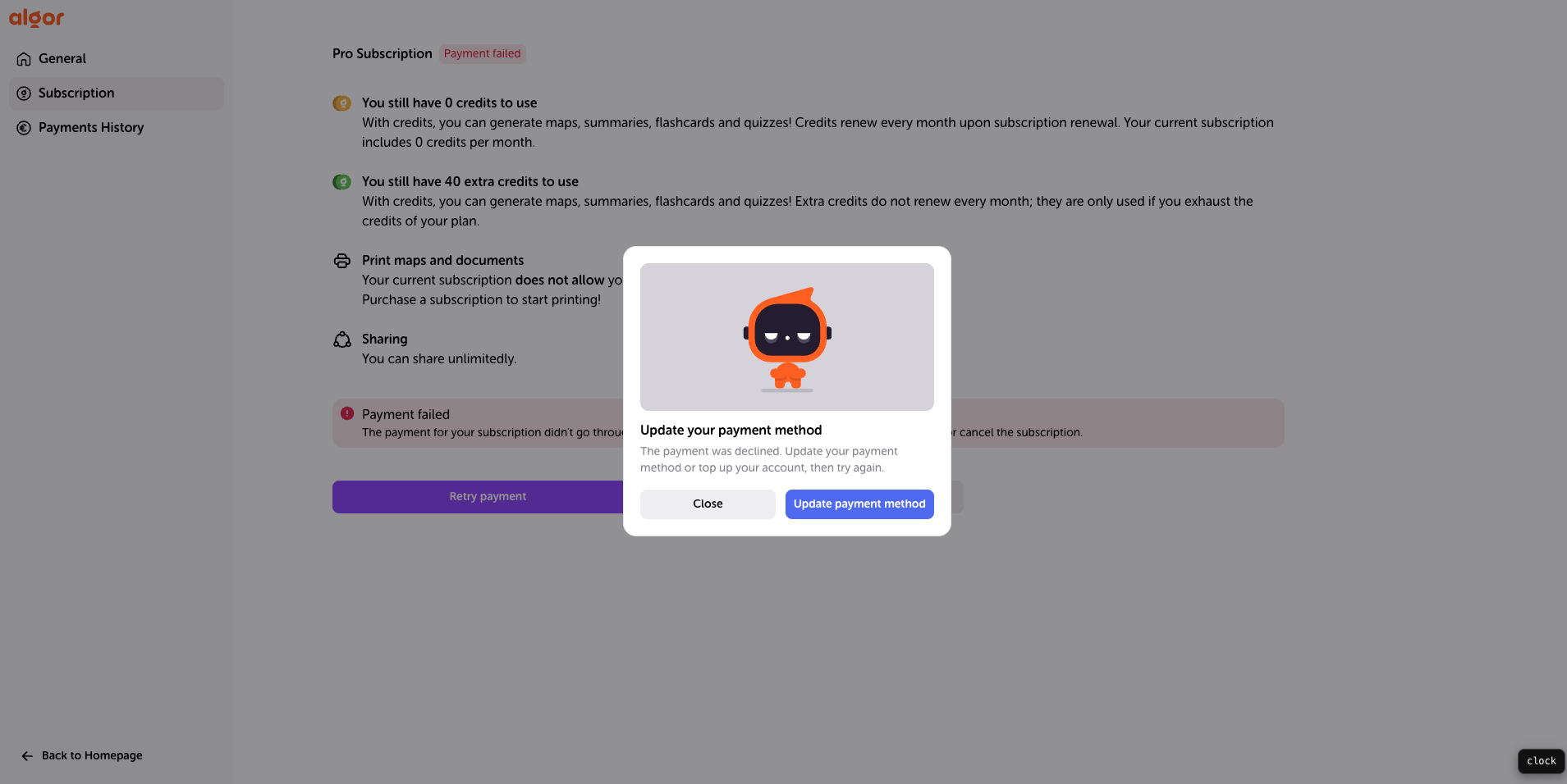 The window that asks you to update the payment method after a new failed attempt.